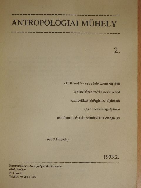 Biró A. Zoltán - Antropológiai műhely 1993. 2. [antikvár]