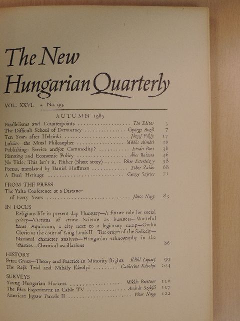 Aczél György - The New Hungarian Quarterly Autumn 1985. [antikvár]