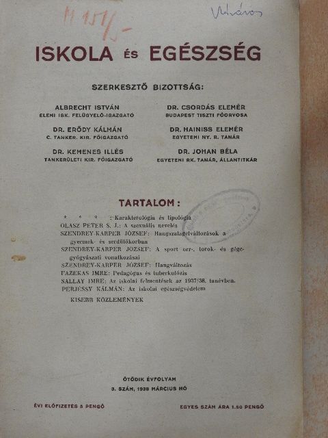 Fazekas Imre - Iskola és egészség 1938. március [antikvár]