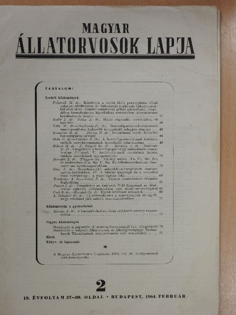 Dr. Patyusik Mátyás - Magyar Állatorvosok Lapja 1964. február [antikvár]