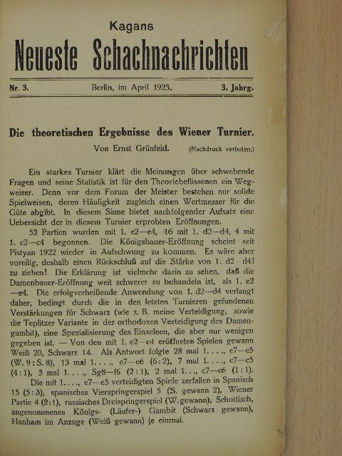 Ernst Grünfeld - Kagans Neueste Schachnachrichten April 1923. [antikvár]