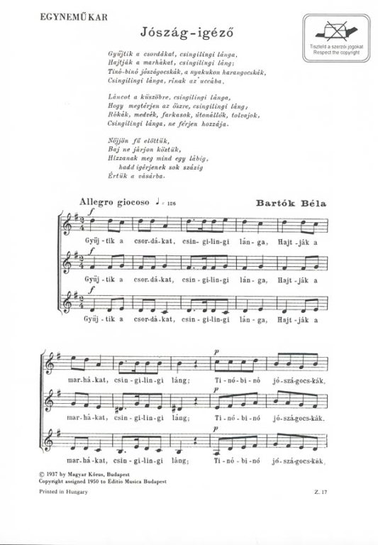 Bartók Béla - JÓSZÁG-IGÉZŐ - EGYNEMŰKARRA, ANTIKVÁR
