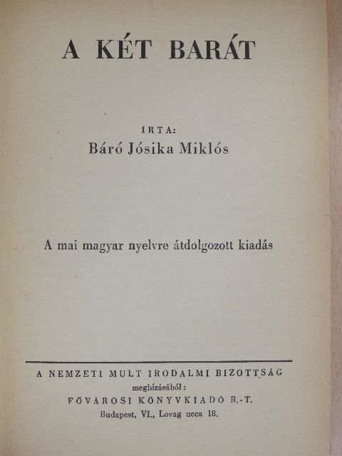 Báró Jósika Miklós - A két barát [antikvár]