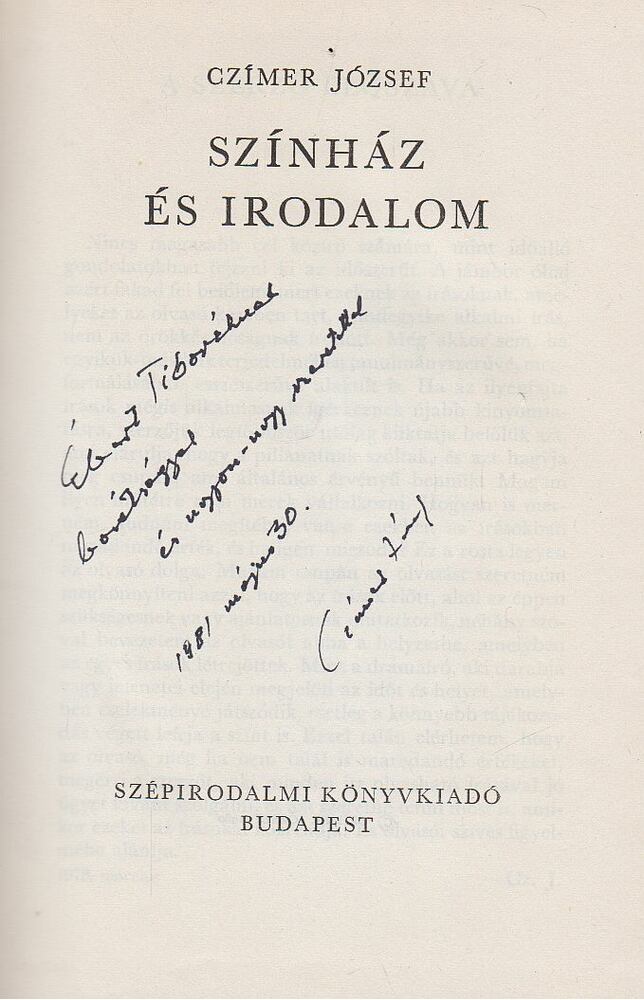 Czímer József - Színház és irodalom (dedikált) [antikvár]