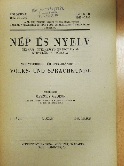 Győrffy István - Nép és nyelv 1943. május [antikvár]