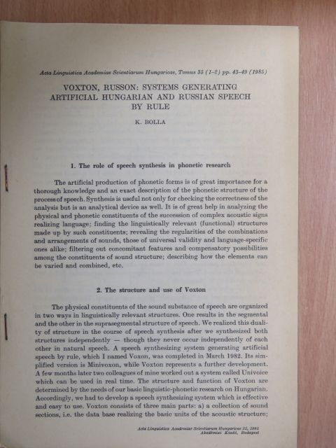 K. Bolla - Voxton, Russon: Systems generating artificial hungarian and russian speech by rule [antikvár]
