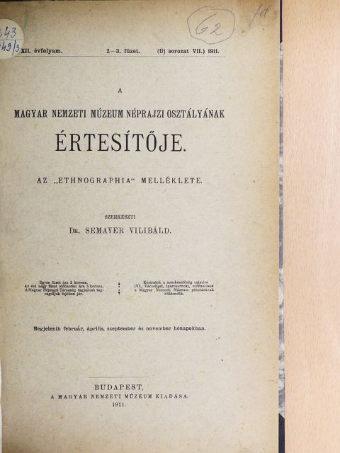 Arnhold Nándor - A Magyar Nemzeti Múzeum Néprajzi Osztályának Értesítője 1911/2-3. [antikvár]