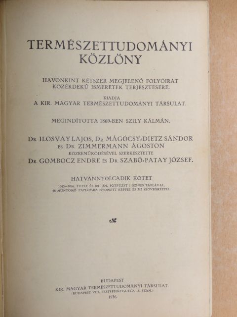 Bogsch L. - Természettudományi Közlöny 1936. január-december/Pótfüzetek a Természettudományi Közlönyhöz 1936. január-december [antikvár]