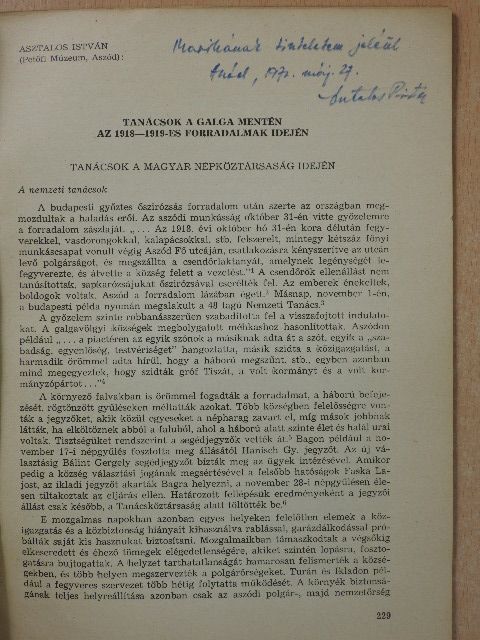 Asztalos István - Tanácsok a Galga mentén az 1918-1919-es forradalmak idején (dedikált példány) [antikvár]