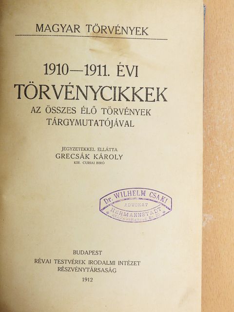 1910-1911. évi törvénycikkek [antikvár]