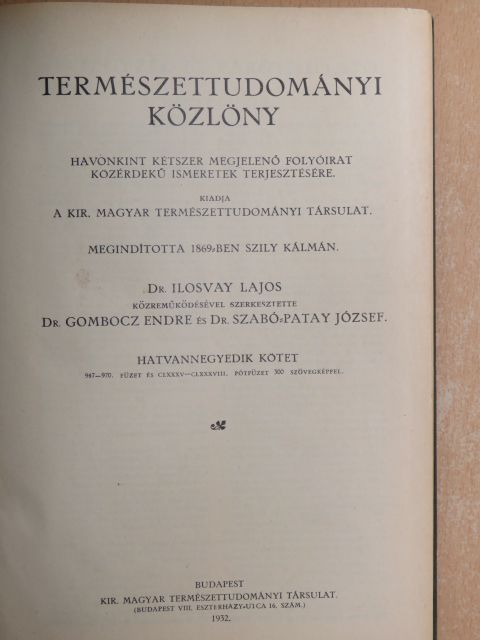b. - Természettudományi Közlöny 1932. január-december/Pótfüzetek a Természettudományi Közlönyhöz 1932. január-december [antikvár]