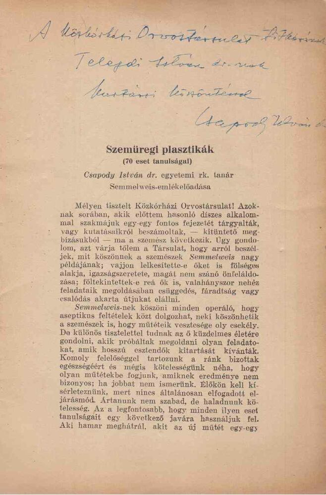 Dr. Csapody István - Szemüregi plasztikák (dedikált) [antikvár]
