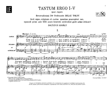 Kodály Zoltán - TANTUM ERGO I-V FÜR GESANG UND ORGEL ODER HARMONIUM REV.: TOLDY BÉLA