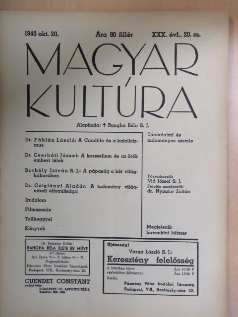 Borbély István - Magyar Kultúra 1943. október 20. [antikvár]