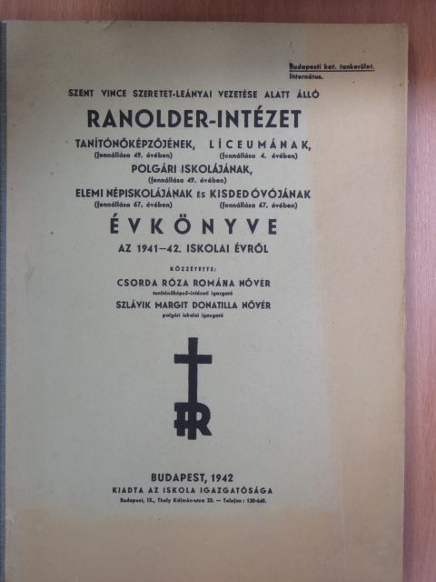 Ranolder-Intézet Évkönyve az 1941-42. iskolai évről [antikvár]