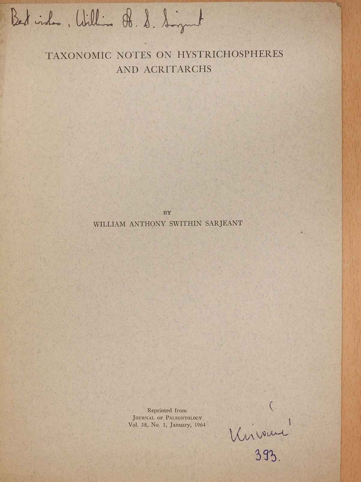 William Anthony Swithin Sarjeant - Taxonomic notes on hystrichospheres and acritarchs (dedikált példány) [antikvár]