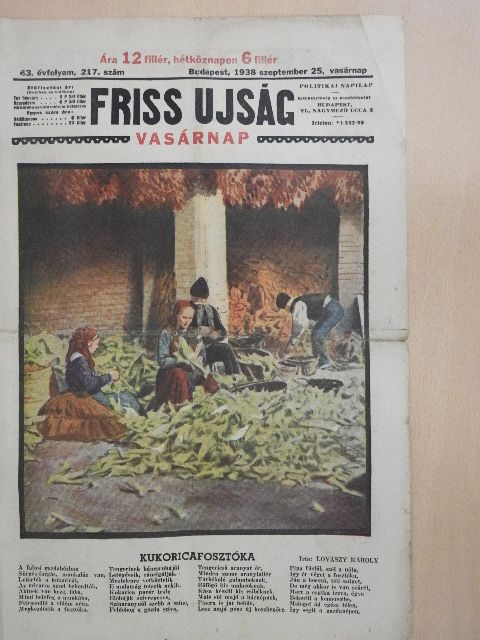 Lovászy Károly - Friss Ujság Vasárnap 1938. szeptember 25. [antikvár]