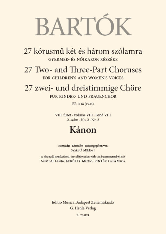 BARTÓK - 27 KÓRUSMŰ KÉT ÉS HÁROM SZÓLAMRA VIII. FÜZET 2. SZÁM - KÁNON