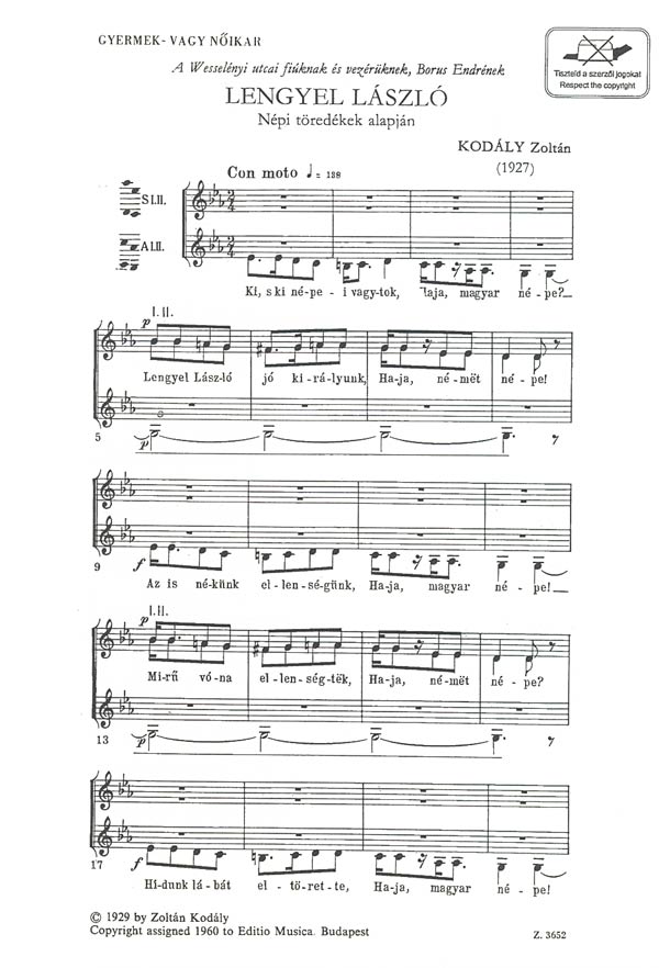 Kodály Zoltán - LENGYEL LÁSZLÓ GYERMEK-VAGY NŐIKAR NÉPI TÖREDÉKEK ALAPJÁN
