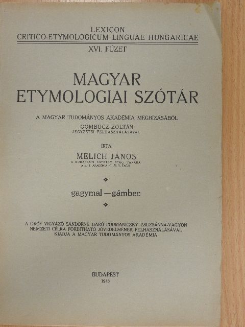 Gombocz Zoltán - Magyar etymologiai szótár XVI. (töredék) [antikvár]