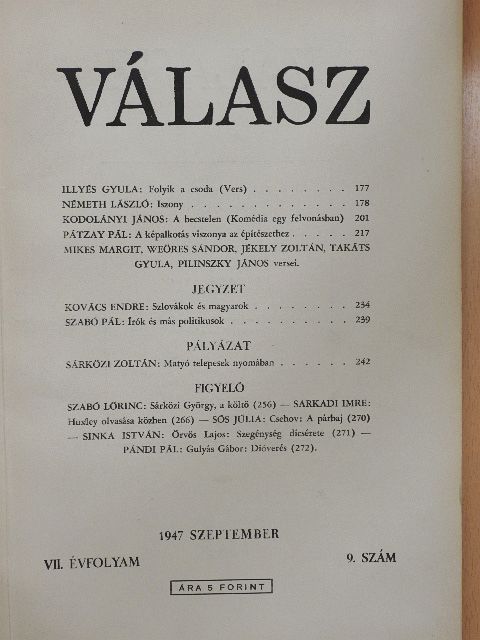 Illyés Gyula - Válasz 1947. szeptember [antikvár]
