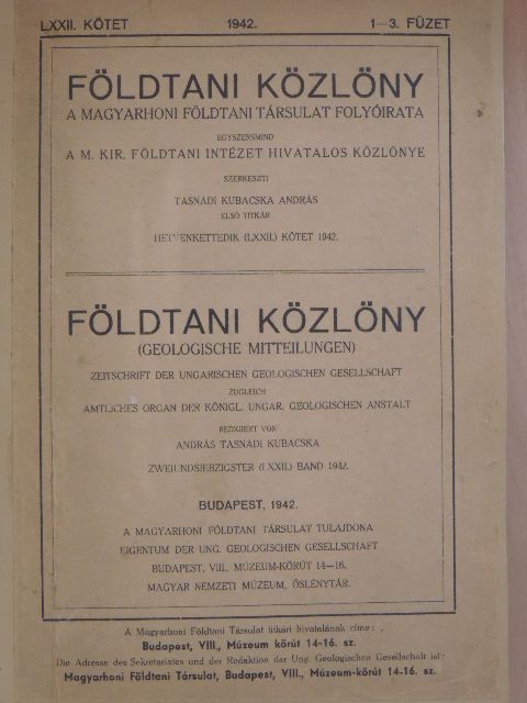 Földtani Közlöny 1942. január-március [antikvár]