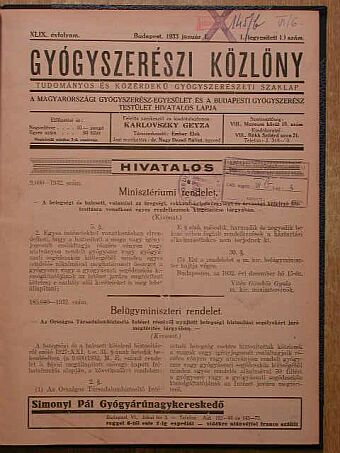 Gyógyszerészi Közlöny 1933. január-november (nem teljes évfolyam) [antikvár]