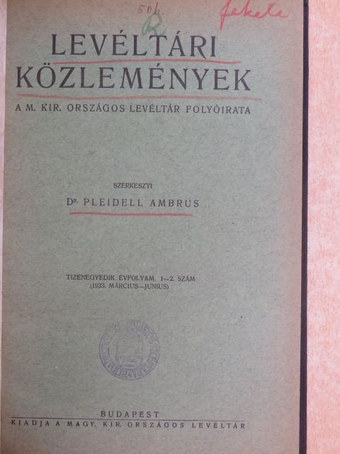 Dr. Döry Ferenc - Levéltári közlemények XI/1-2. [antikvár]
