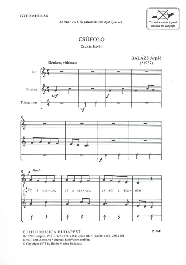 BALÁZS ÁRPÁD - CSÚFOLÓ GYERMEKKARRA (CSUKÁS ISTVÁN VERSÉRE)