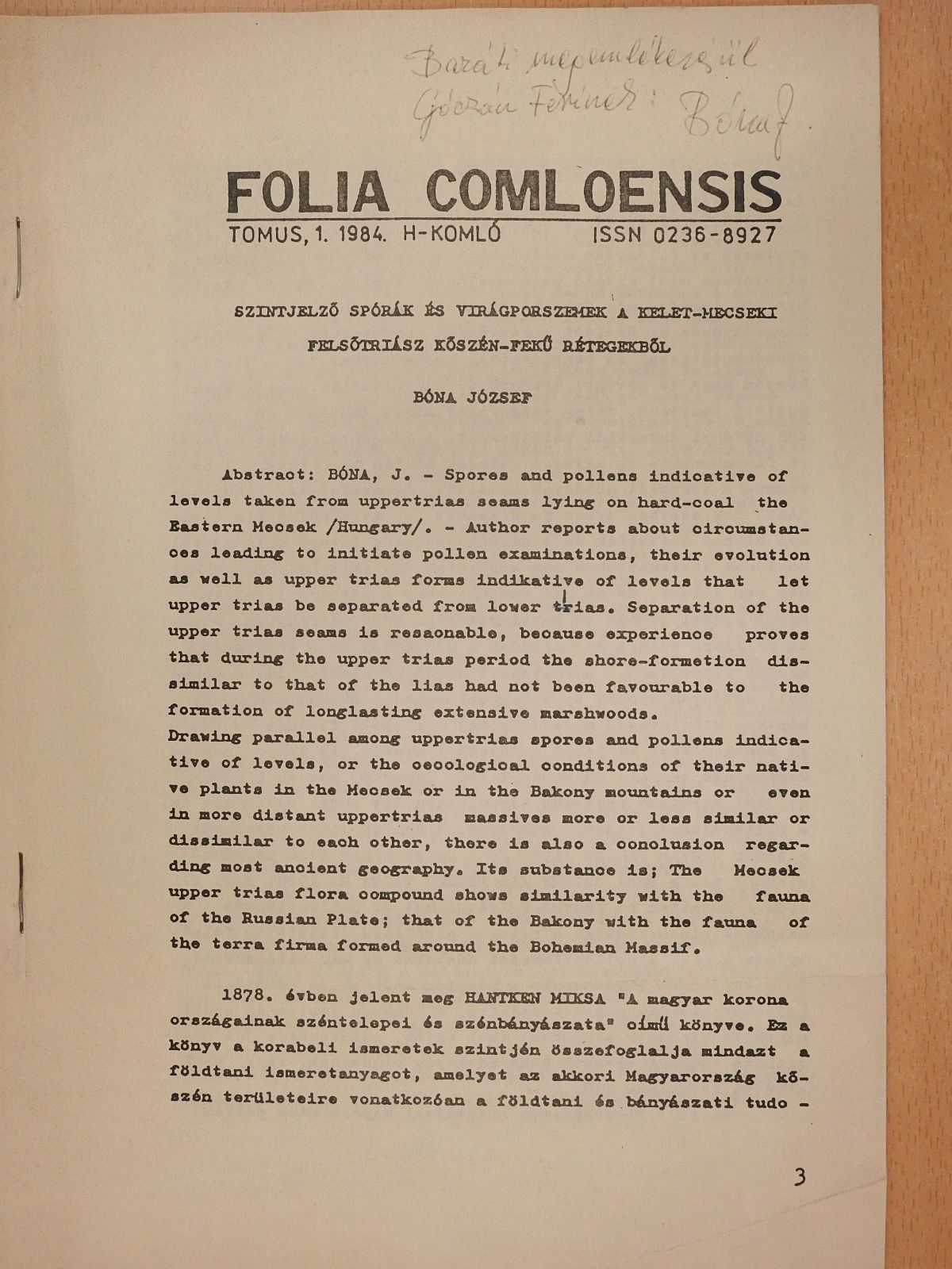 Bóna József - Szintjelző spórák és virágporszemek a Kelet-Mecseki Felsőtriász kőszén-fekű részeiből (dedikált példány) [antikvár]