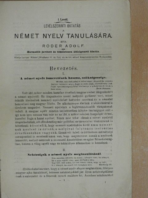 Róder Adolf - Levélszerinti oktatás a német nyelv magánúton való tanulására 1-40. [antikvár]