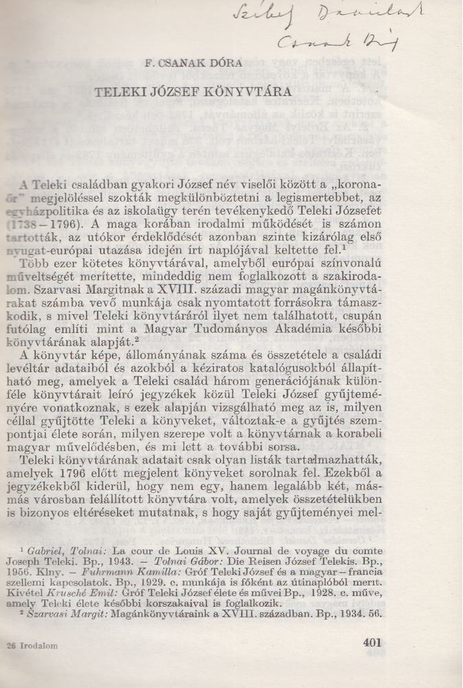 F. CSANAK DÓRA - Teleki József könyvtára (dedikált) [antikvár]