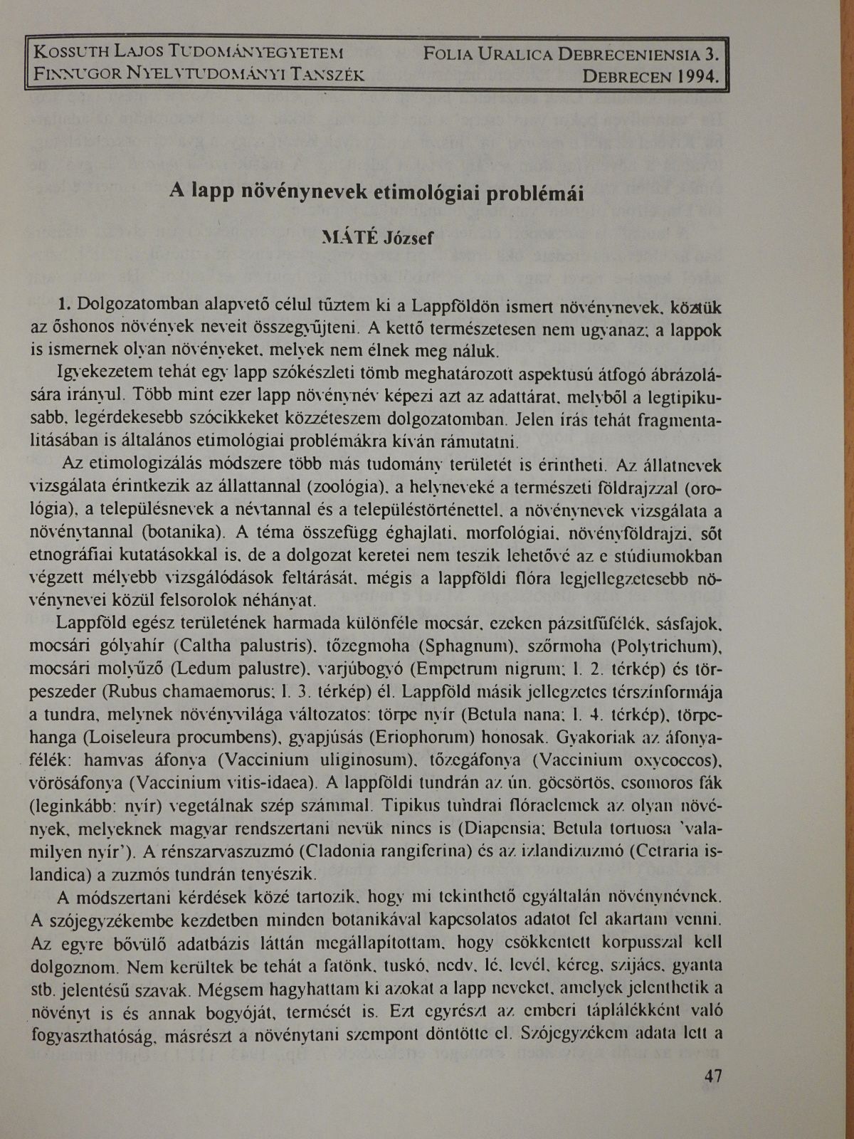Máté József - A lapp növénynevek etimológiai problémái (dedikált példány) [antikvár]