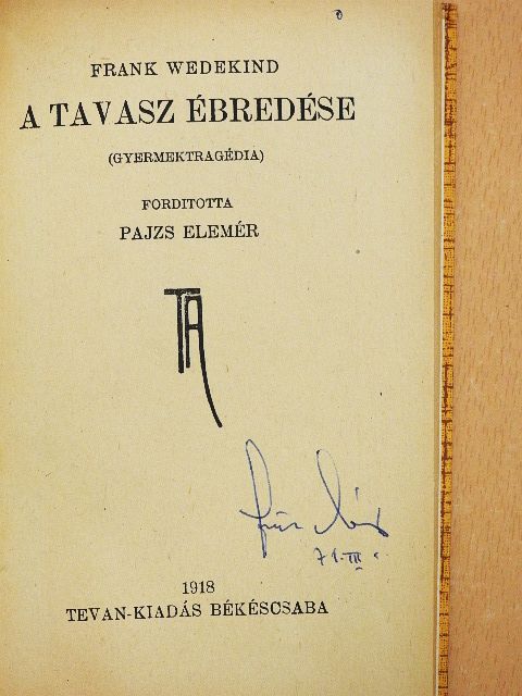 Frank Wedekind - A tavasz ébredése [antikvár]