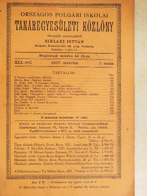 Deák Gyula - Országos Polgári Iskolai Tanáregyesületi Közlöny 1937. március [antikvár]