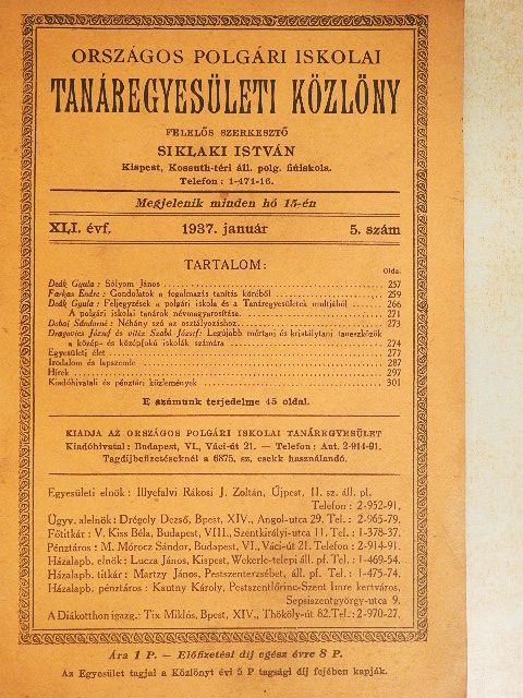 Deák Gyula - Országos Polgári Iskolai Tanáregyesületi Közlöny 1937. január [antikvár]