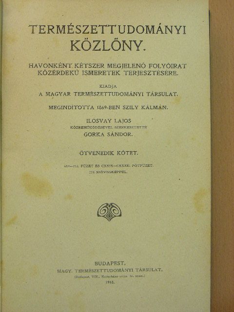 Andriska Viktor - Természettudományi Közlöny 1918. január-december/Pótfüzetek a Természettudományi Közlönyhöz 1918. január-december [antikvár]