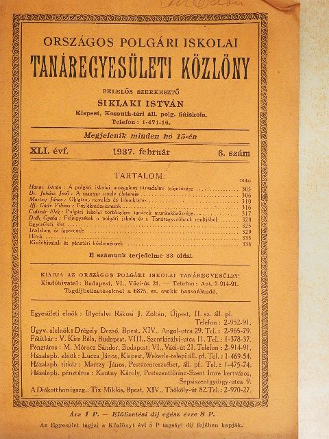 Császár Elek - Országos Polgári Iskolai Tanáregyesületi Közlöny 1937. február [antikvár]