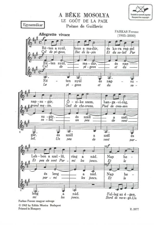 Farkas Ferenc - A BÉKE MOSOLYA - EGYNEMŰKARRA