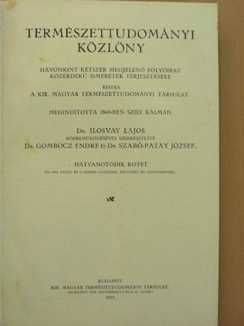 Bábonyi E. - Természettudományi Közlöny 1933. január-december/Pótfüzetek a Természettudományi Közlönyhöz 1933. január-december [antikvár]