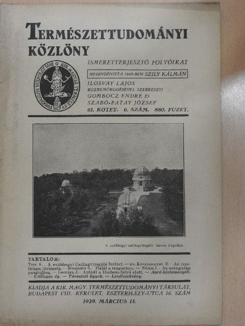 Lukács K. - Természettudományi Közlöny 1929. március 15. [antikvár]