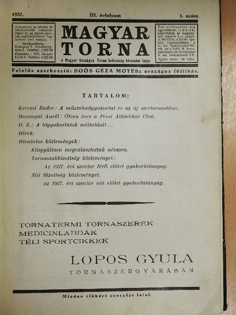 Baranyai Aurél - Magyar Torna 1937. január-december [antikvár]
