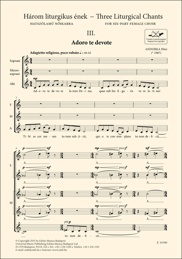 ANDORKA PÉTER - HÁROM LITURGIKUS ÉNEK HATSZÓLAMÚ NŐIKARRA III. ADORO TE DEVOTE