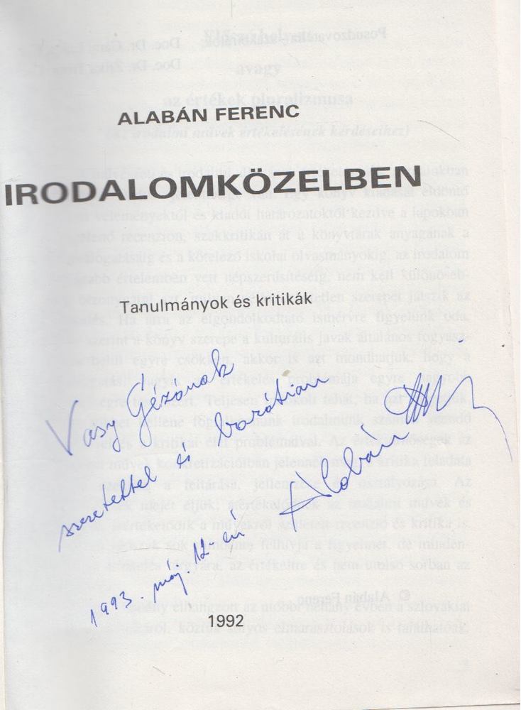 Alabán Ferenc - Irodalomközelben (dedikált) [antikvár]