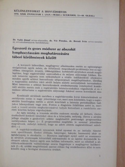 Dr. Bernát Iván - Egyszerű és gyors módszer az abszolút lymphocytaszám meghatározására tábori körülmények között [antikvár]