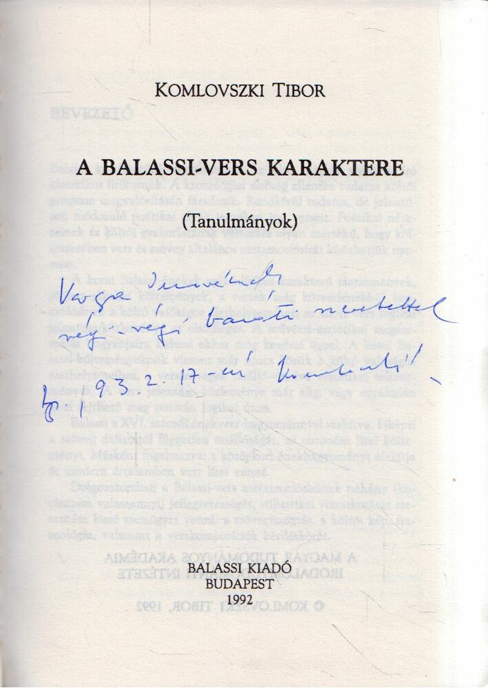 Komlovszki Tibor - A Balassi-vers karaktere (dedikált) [antikvár]