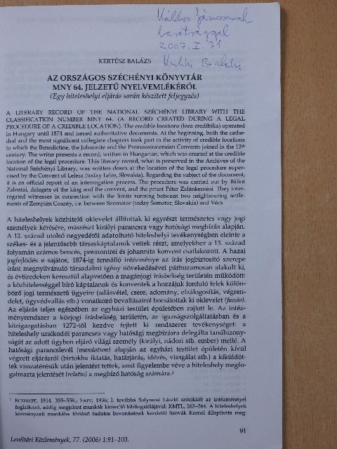Kertész Balázs - Az Országos Széchényi Könyvtár MNy 64. jelzetű nyelvemlékéről (dedikált példány) [antikvár]