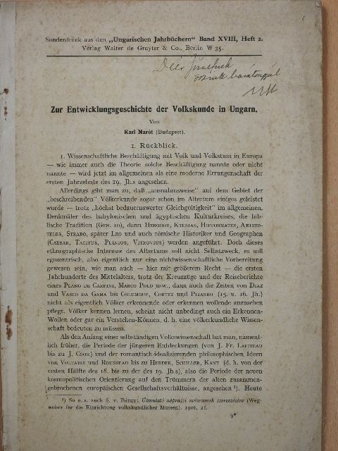 Karl Marót - Zur Entwicklungsgeschichte der Volkskunde in Ungarn (dedikált példány) [antikvár]