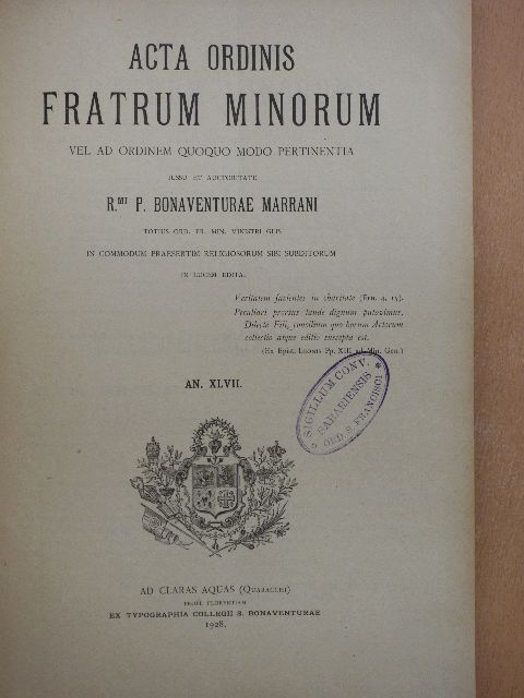 Acta Ordinis Fratrum Minorum Ianuarii-Decembris 1928 [antikvár]