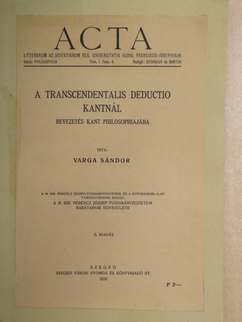 Varga Sándor - A transcendentalis deductio Kantnál [antikvár]